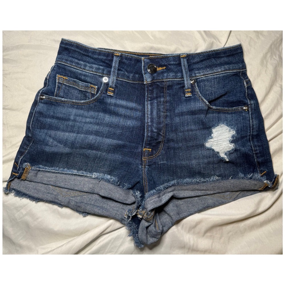 Good American High Rise Denim Shorts Womens 00/24 Dark Wash Distressed‎ Cut Off